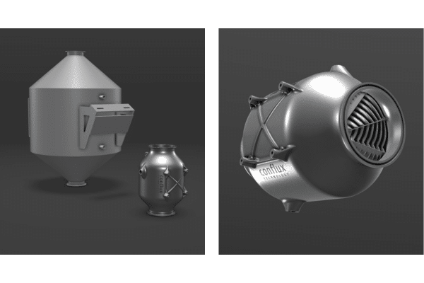 CAD models showing Conflux heat exchanger next to incumbent