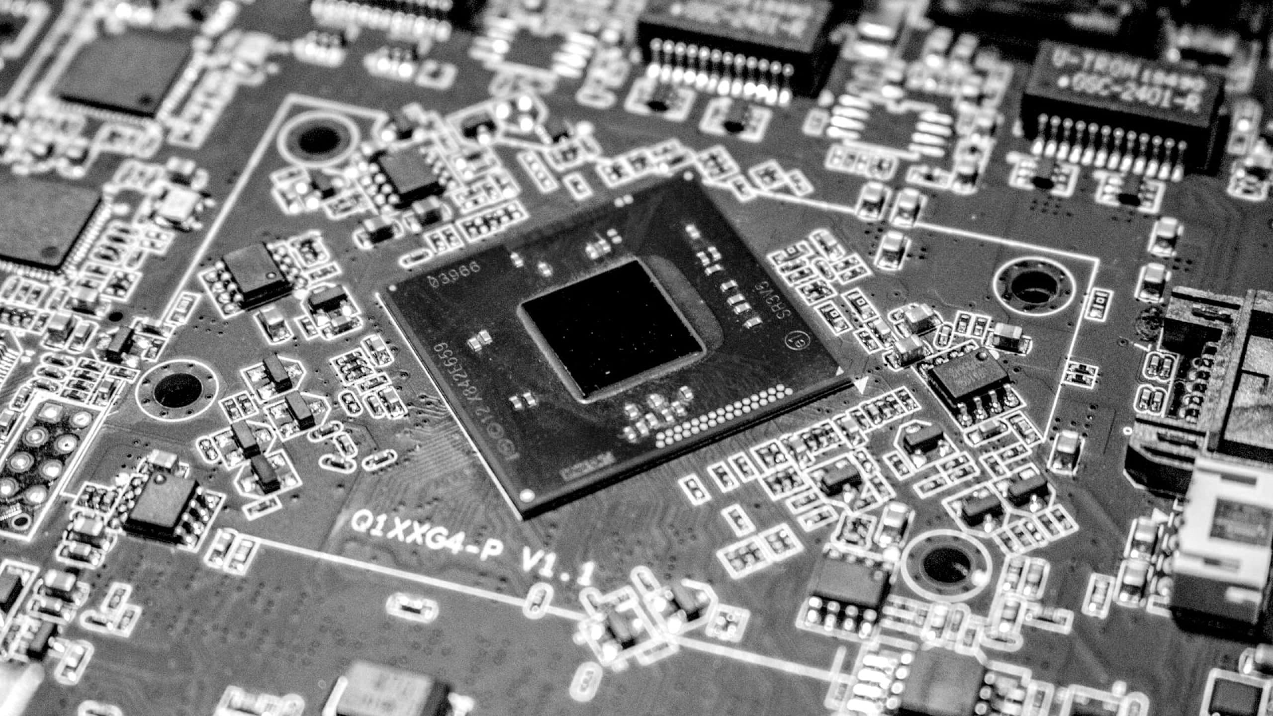 macro image black and white of a computer motherboard